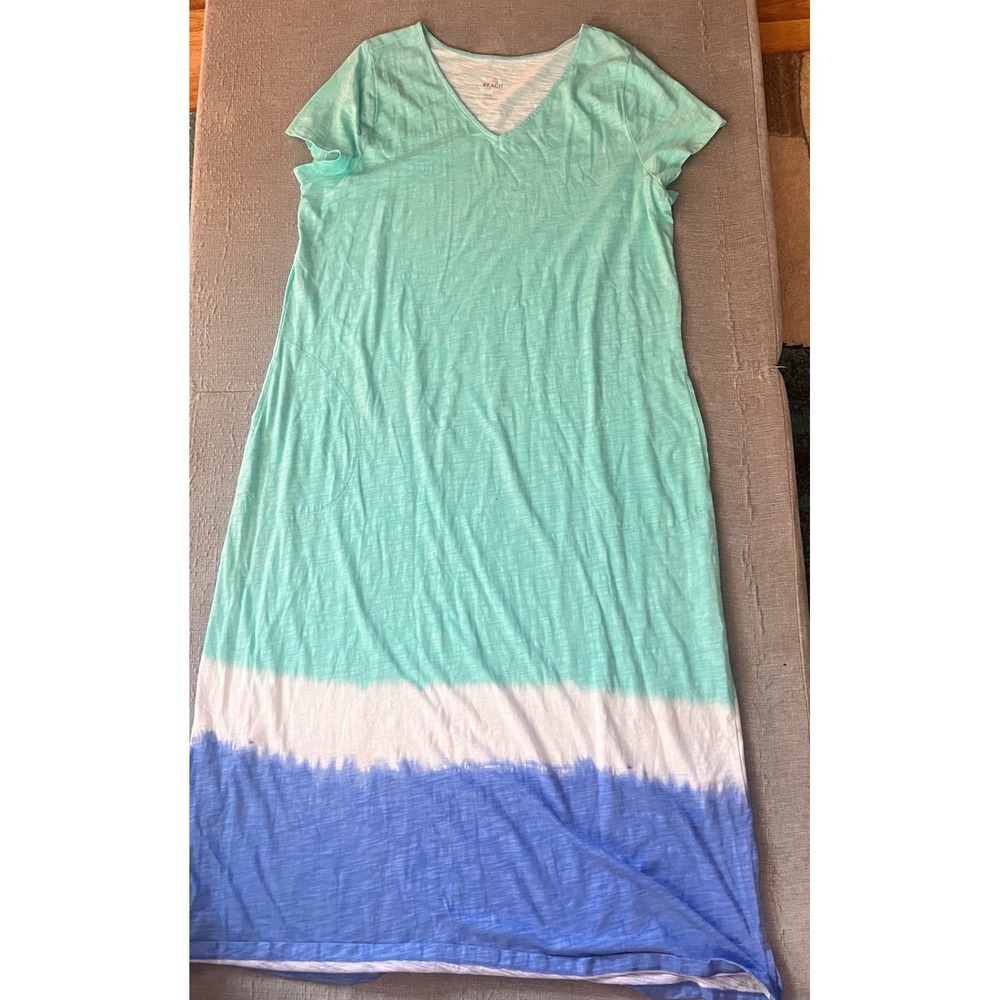 Belle Beach Tie Dye Maxi Dress V Neck‎ Short Sleeve Casual Blue Green White M